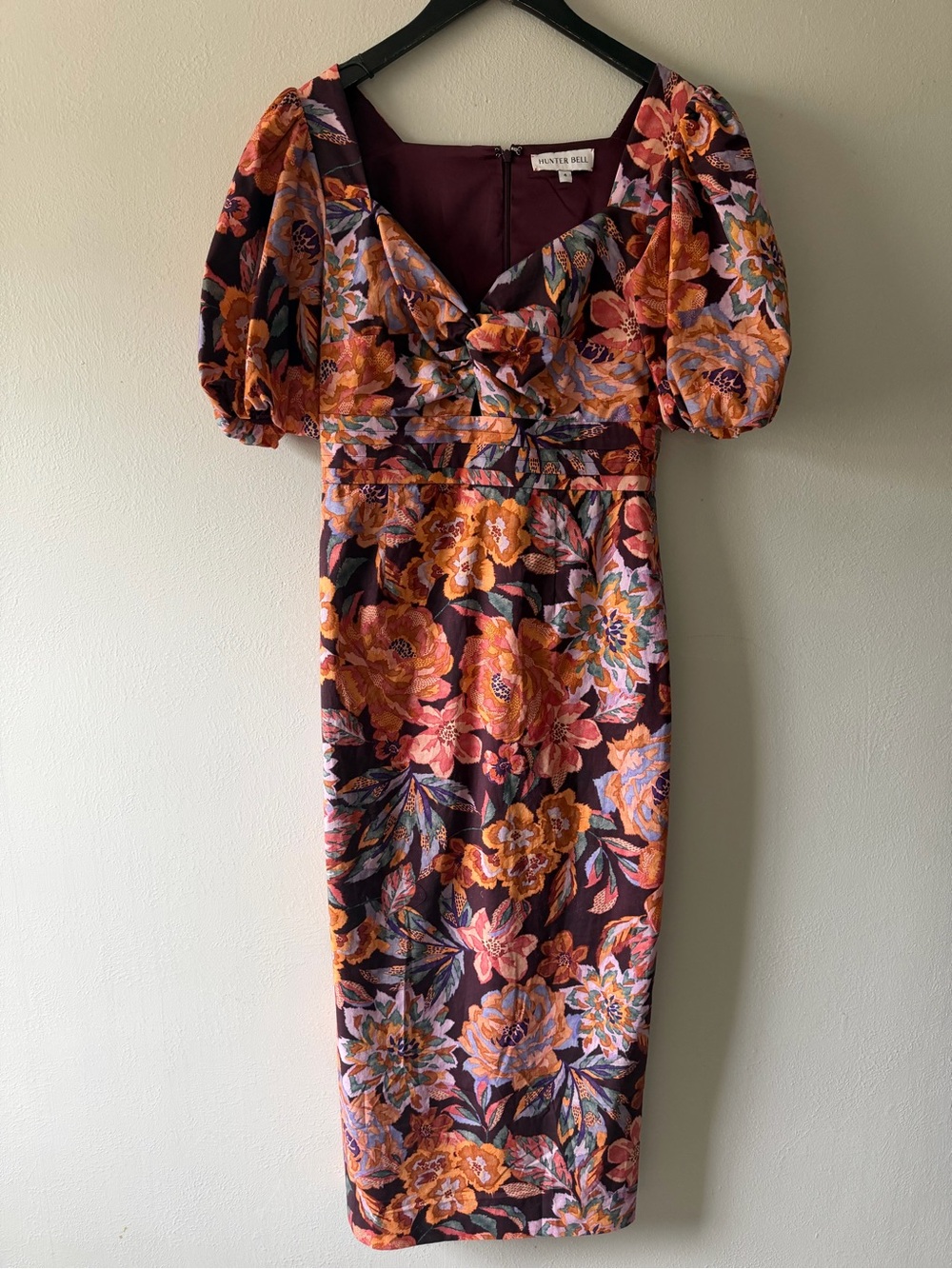 HUNTER BELL Burgundy Floral Puff-Sleeve Midi Dress